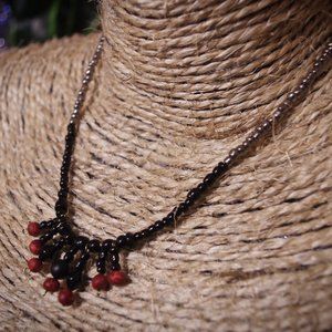 Black and Red Beaded Fringe Statement Necklace with Czech Crystal and Handmade B